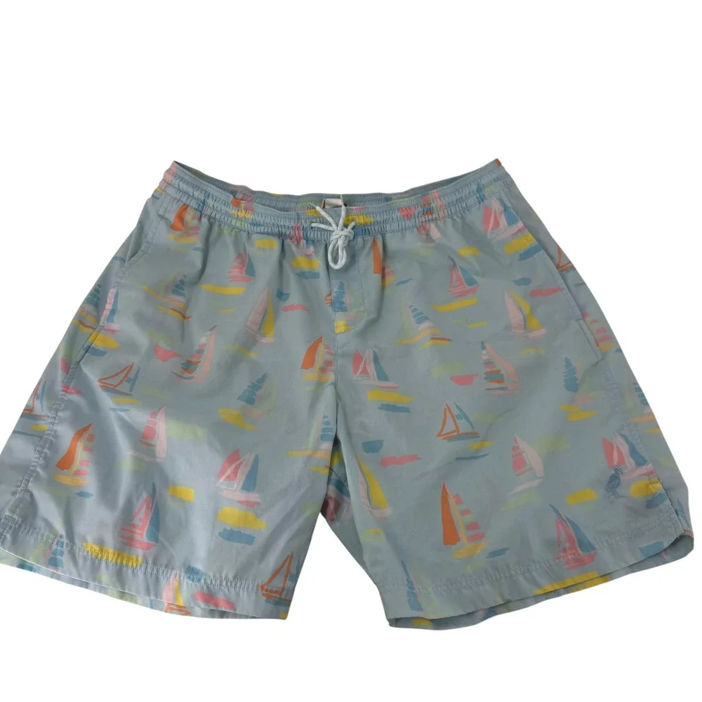 The Beaufort Bonnet Company Mens Sailboat Swim Trunks Blue Pastel Shorts‎ Sz XL